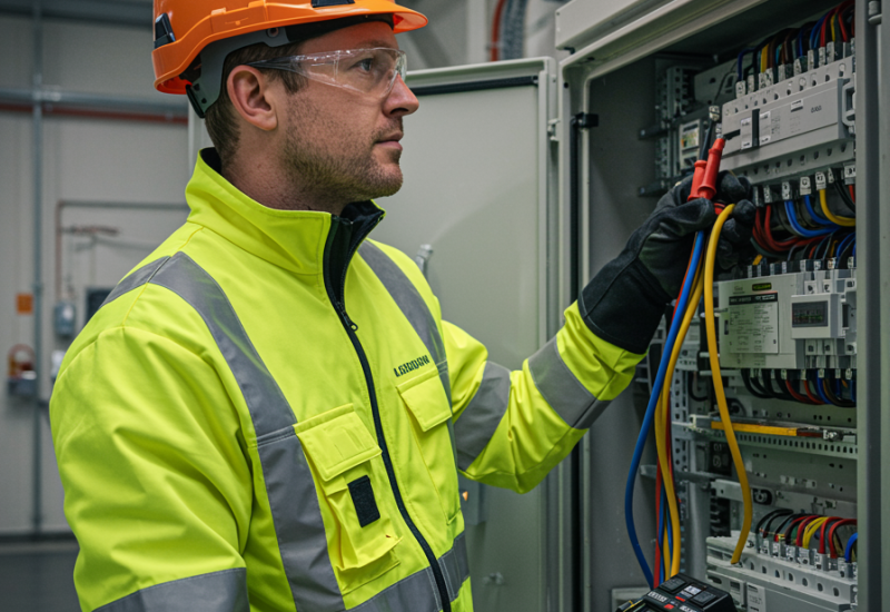 img nosotros 3 "Electricista profesional en un entorno industrial instalando un panel eléctrico avanzado con equipo de protección moderno, transmitiendo confianza y servicios eléctricos de vanguardia."