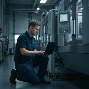 "Banner fotorealista de un ingeniero programando en un moderno entorno industrial, con módulos PLC de Schneider y Siemens, ideal para un sitio web de automatización corporativa."