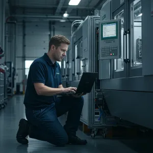 "Banner fotorealista de un ingeniero programando en un moderno entorno industrial, con módulos PLC de Schneider y Siemens, ideal para un sitio web de automatización corporativa."